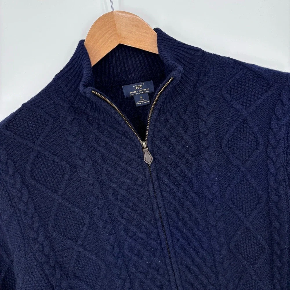 Brooks Brothers Scottish Lambswool Cable Knit Full Zip Sweater Men M Navy Blue